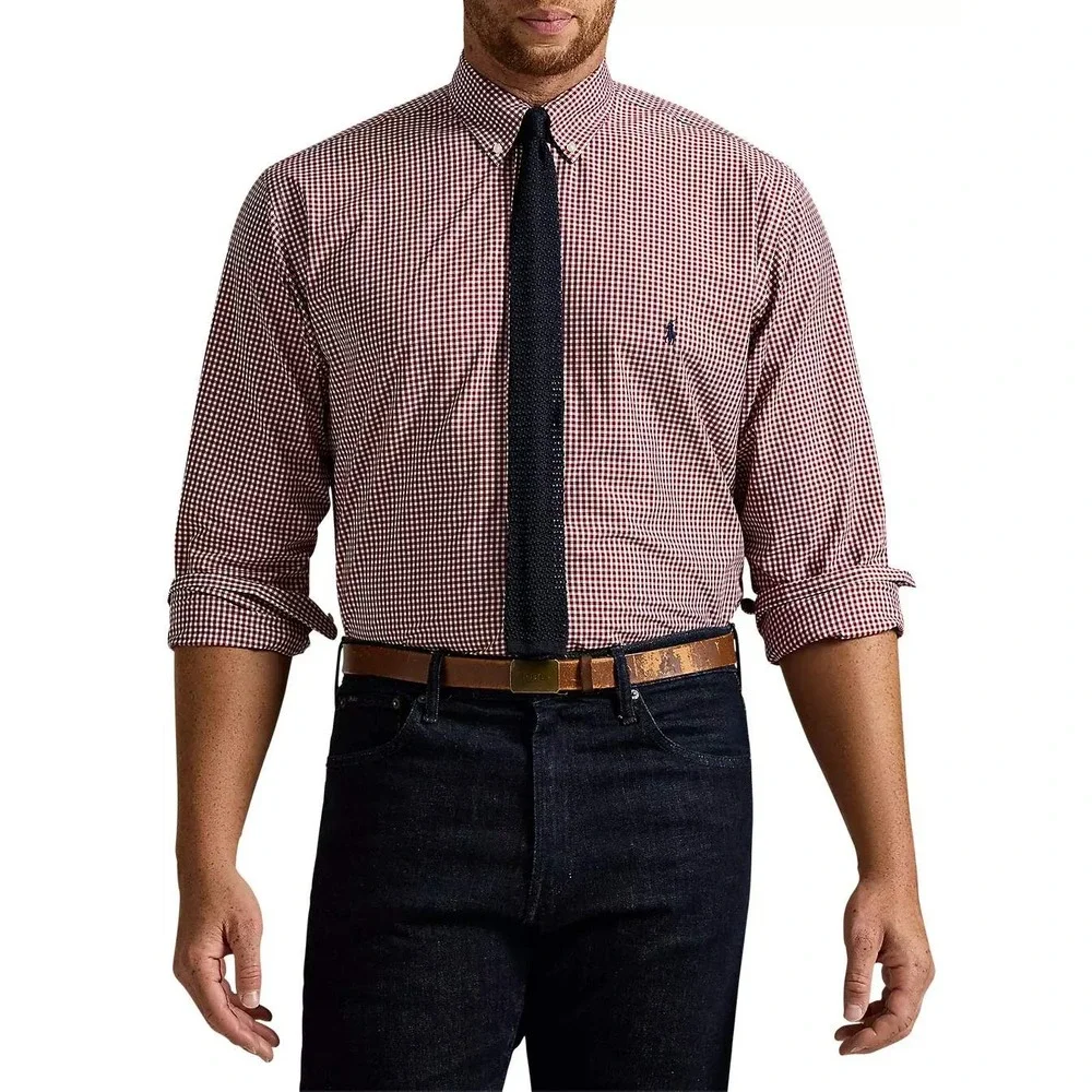 Polo Ralph Lauren Button Down Men 3XB Burgundy Gingham Stretch Long Sleeve Shirt - Picture 2 of 10